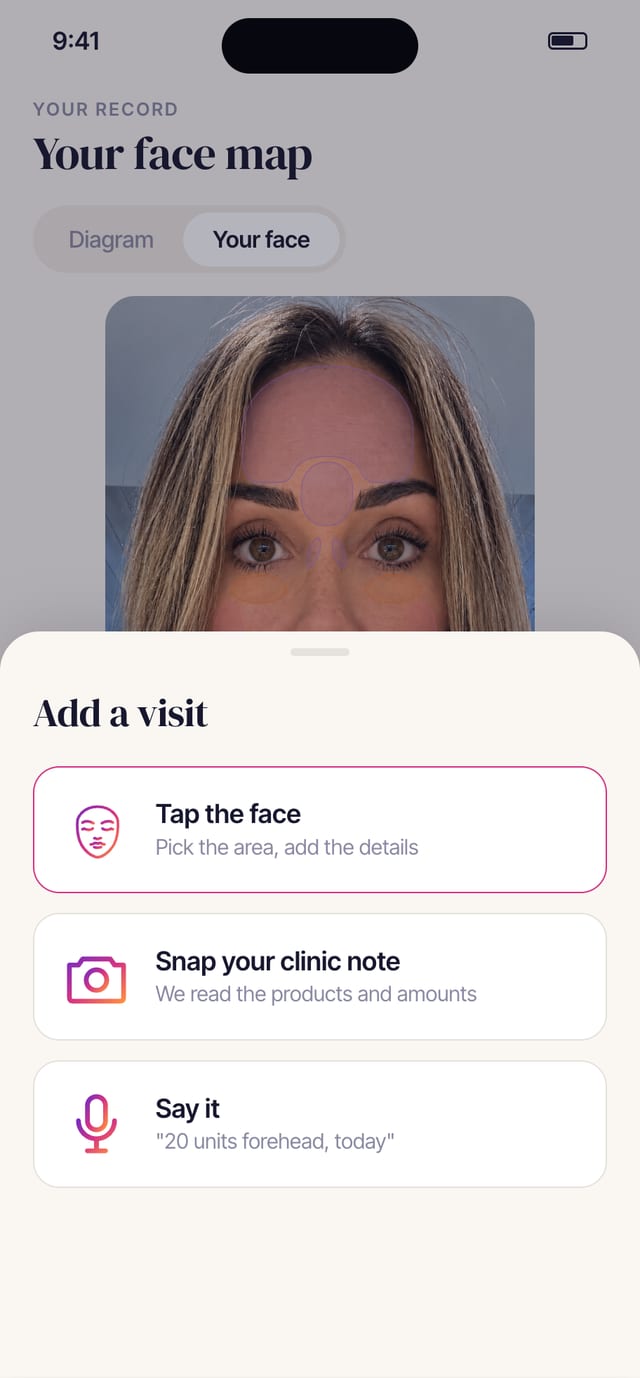 The Add a visit sheet: tap the face, snap your clinic note, or say it