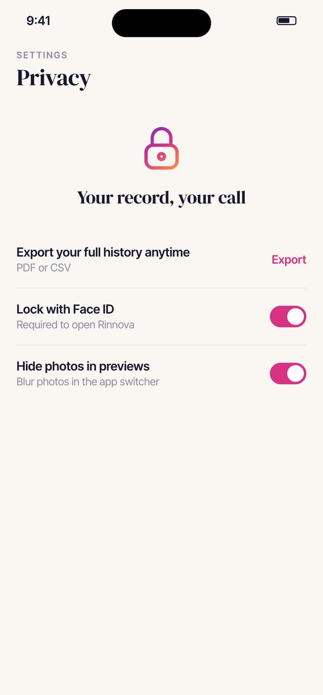 Privacy settings: export your full history, and lock Rinnova with Face ID