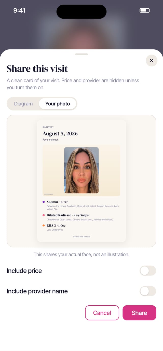 The Share this visit sheet, with a preview card and toggles for price and provider name